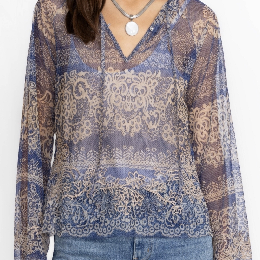 Johnny Was Blue and Cream Lace Blouse - Picture 2 of 7